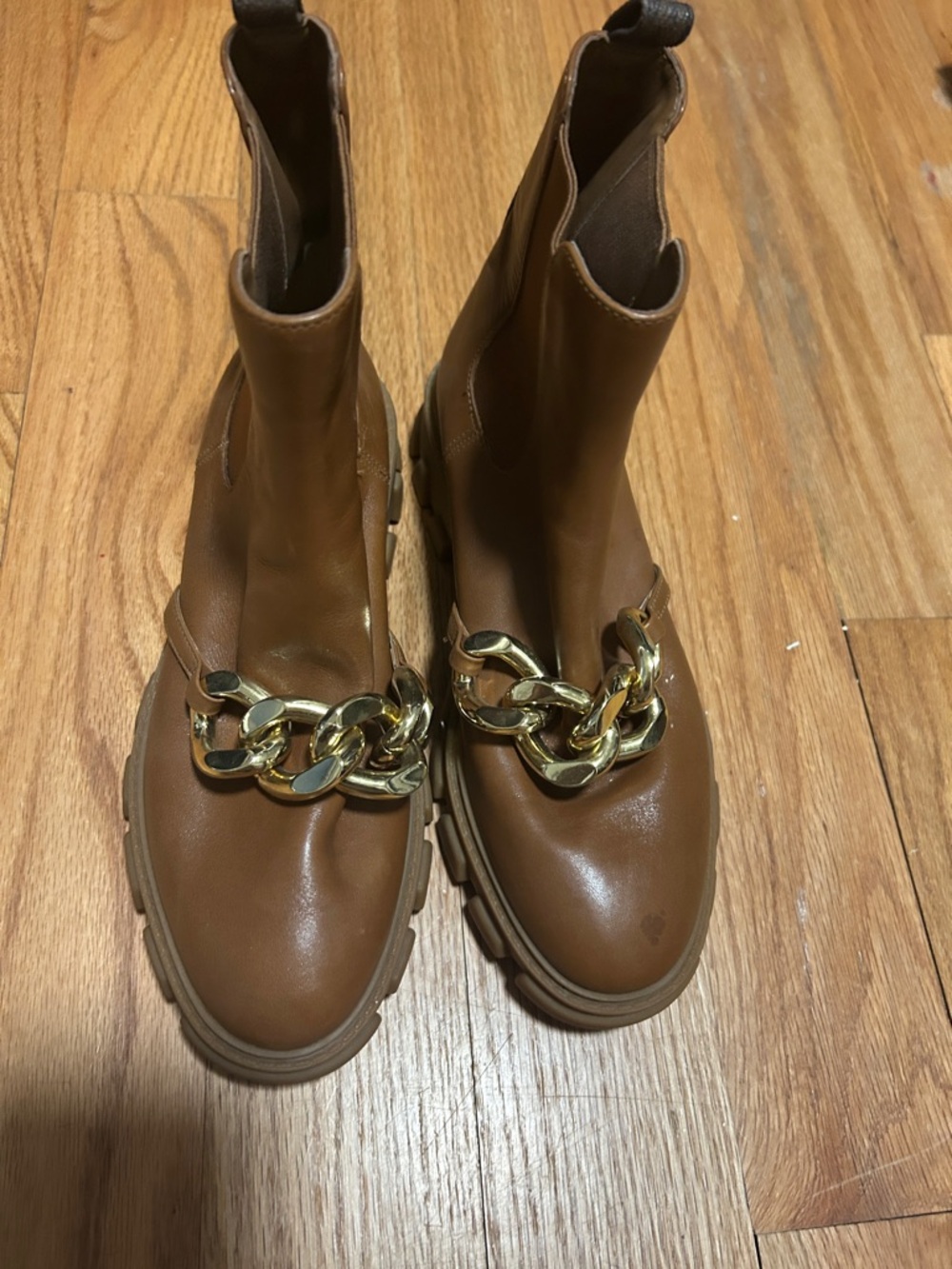 Michael Kors Tan Leather Chelsea Boot with Gold Chain